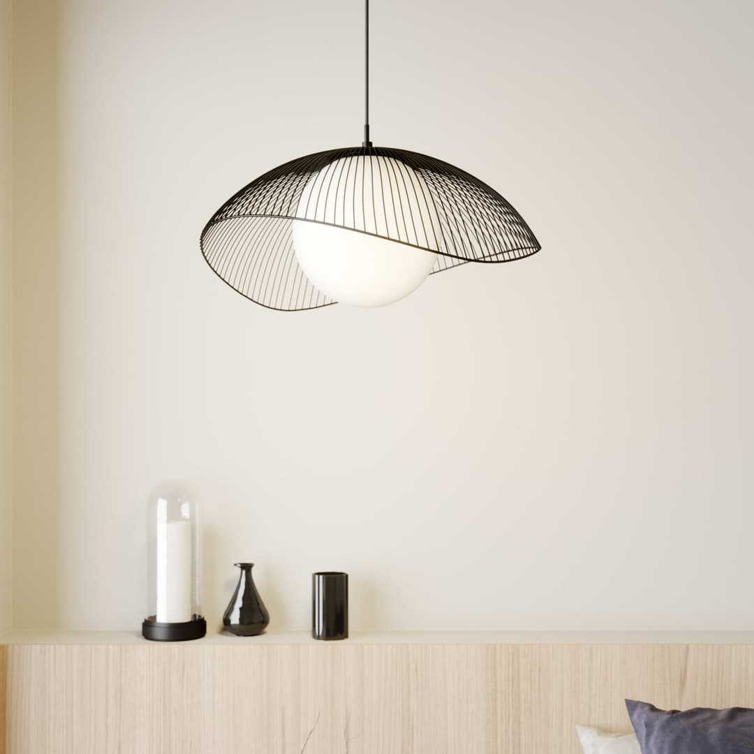 Fabronia Pendelleuchte Opal/Black - Lindby - Wohnzimmer - Modern - Metall - Einflammig