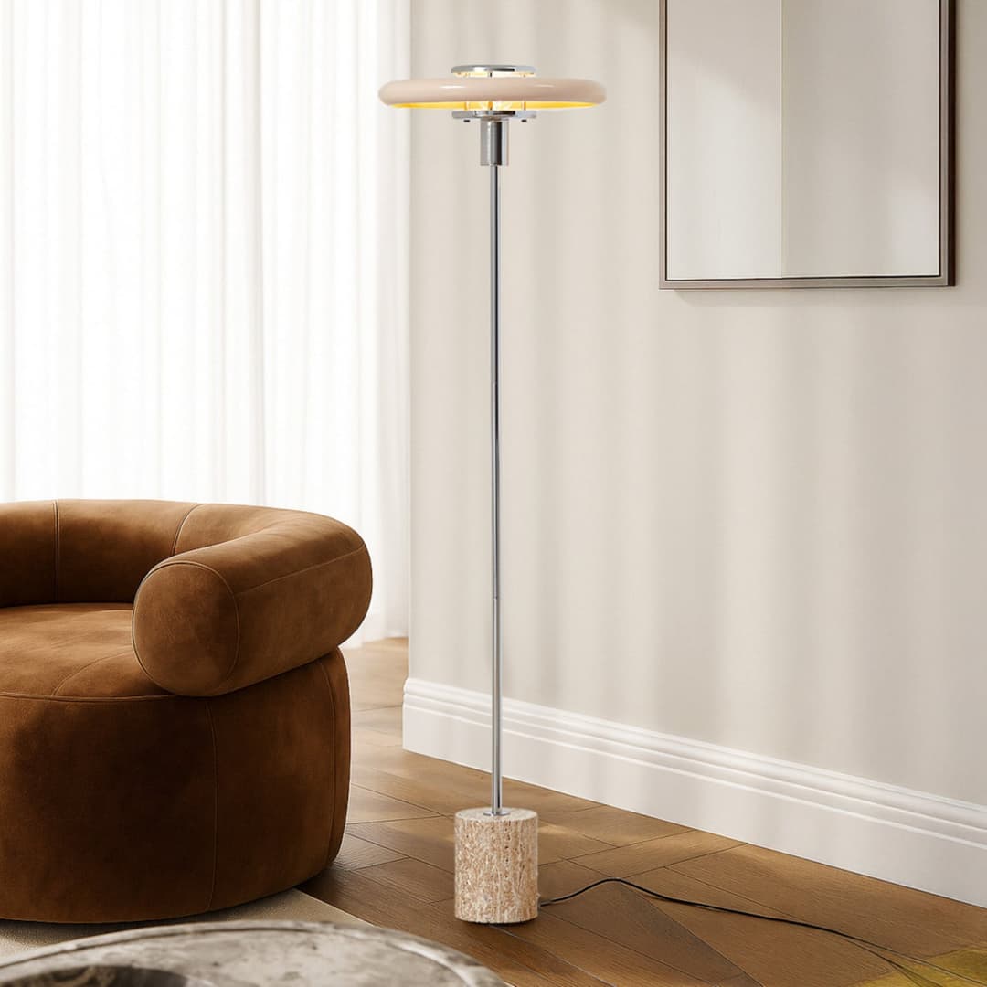 Branford Stehleuchte, beige, Retro, Metall/Travertin - Lindby - Wohnzimmer - Vintage - Einflammig