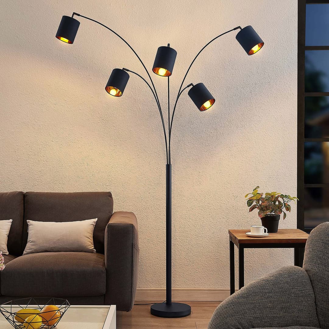 Lindby Stehleuchte Abiram, schwarz/gold, Textil, 70cm - Wohnzimmer - Modern - Metall - Mehrflammig