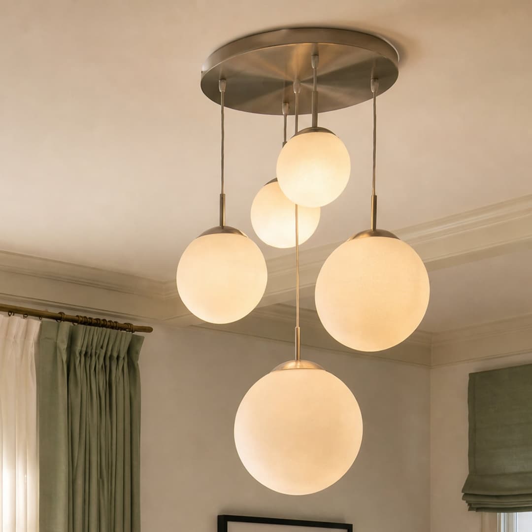 Heleska 5 Round Pendelleuchte Opal/Nickel - Lindby - Wohnzimmer - Modern - Metall - Mehrflammig
