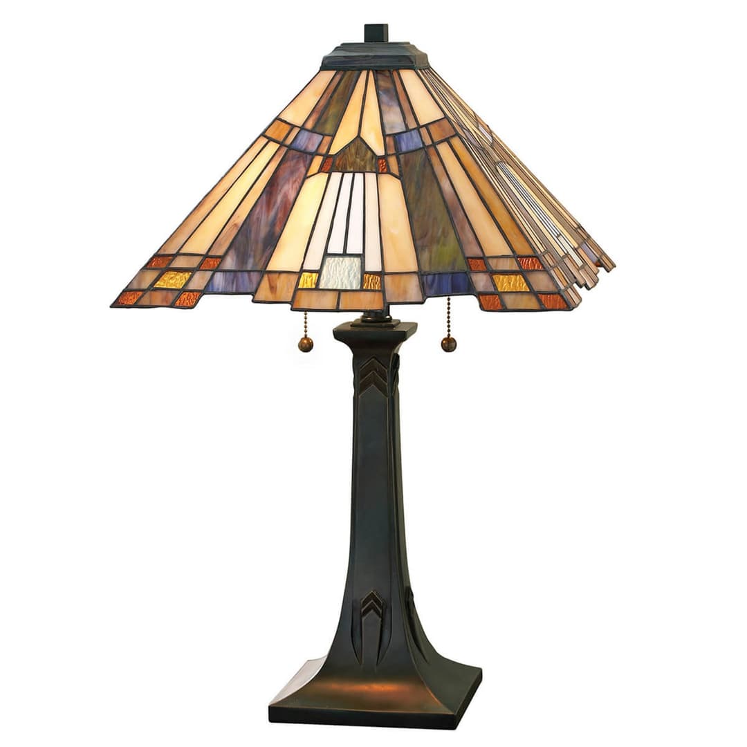 Inglenook Tischleuchte, buntes Glas, Höhe 64 cm - QUOIZEL - Wohnzimmer - Tiffany - Metall - Mit Schirm