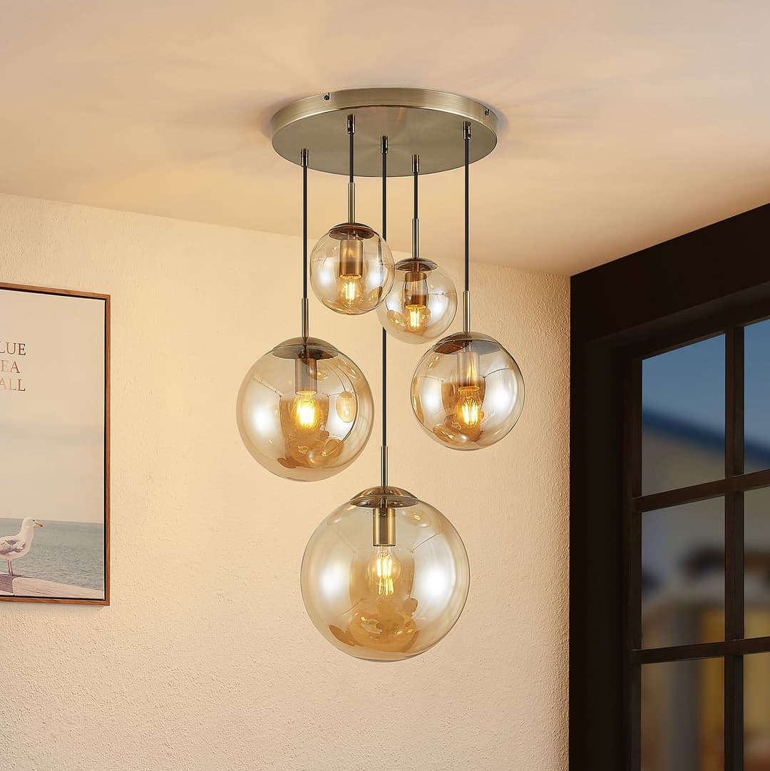 Teeja 5 Cluster Pendelleuchte Amber - Lindby - Wohnzimmer - Vintage - Glas - Mehrflammig