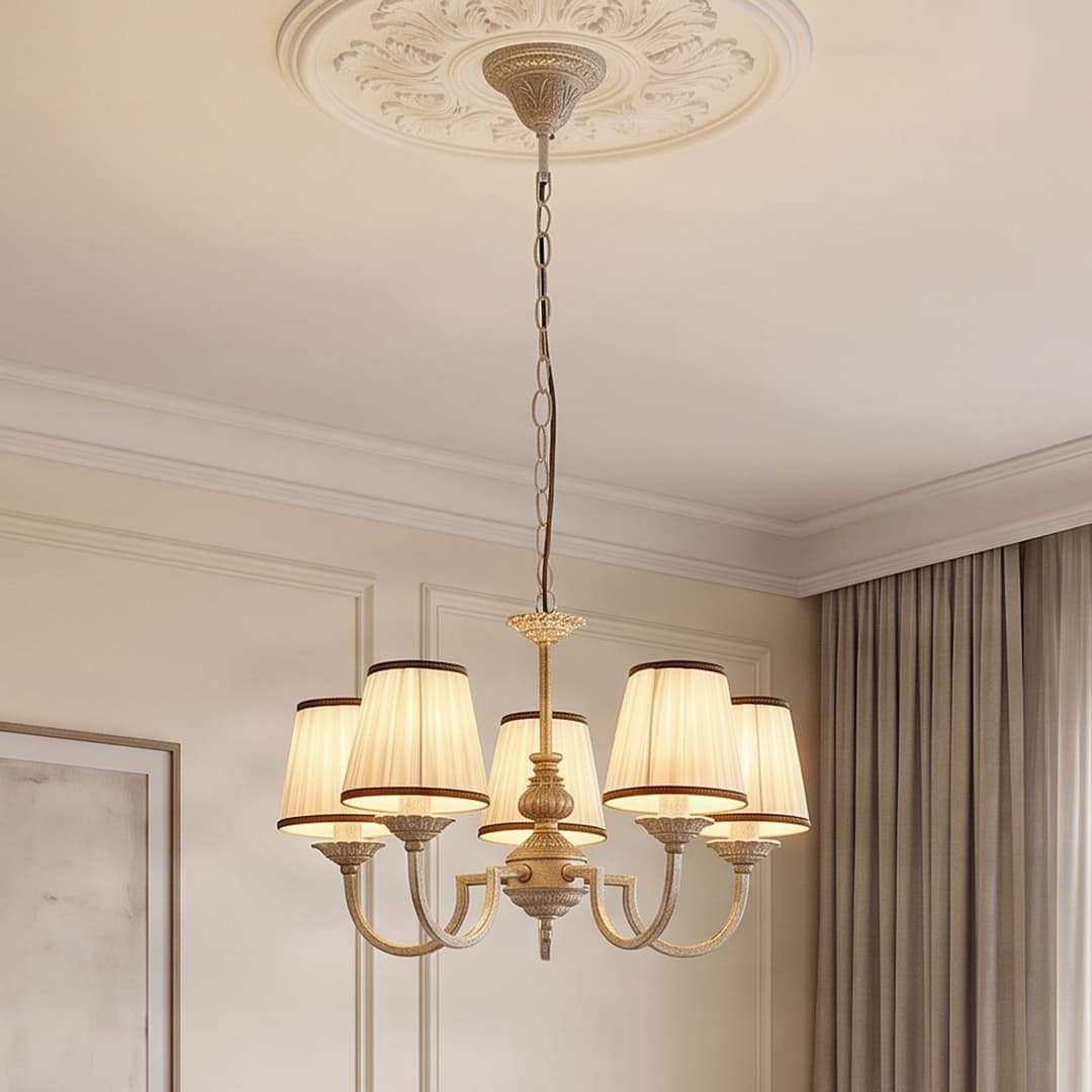 Lumiel 5 Kronleuchter Cream/Antique Brass - Lindby - Wohnzimmer - Landhaus / Rustikal - Stoff / Textil - Mehrflammig