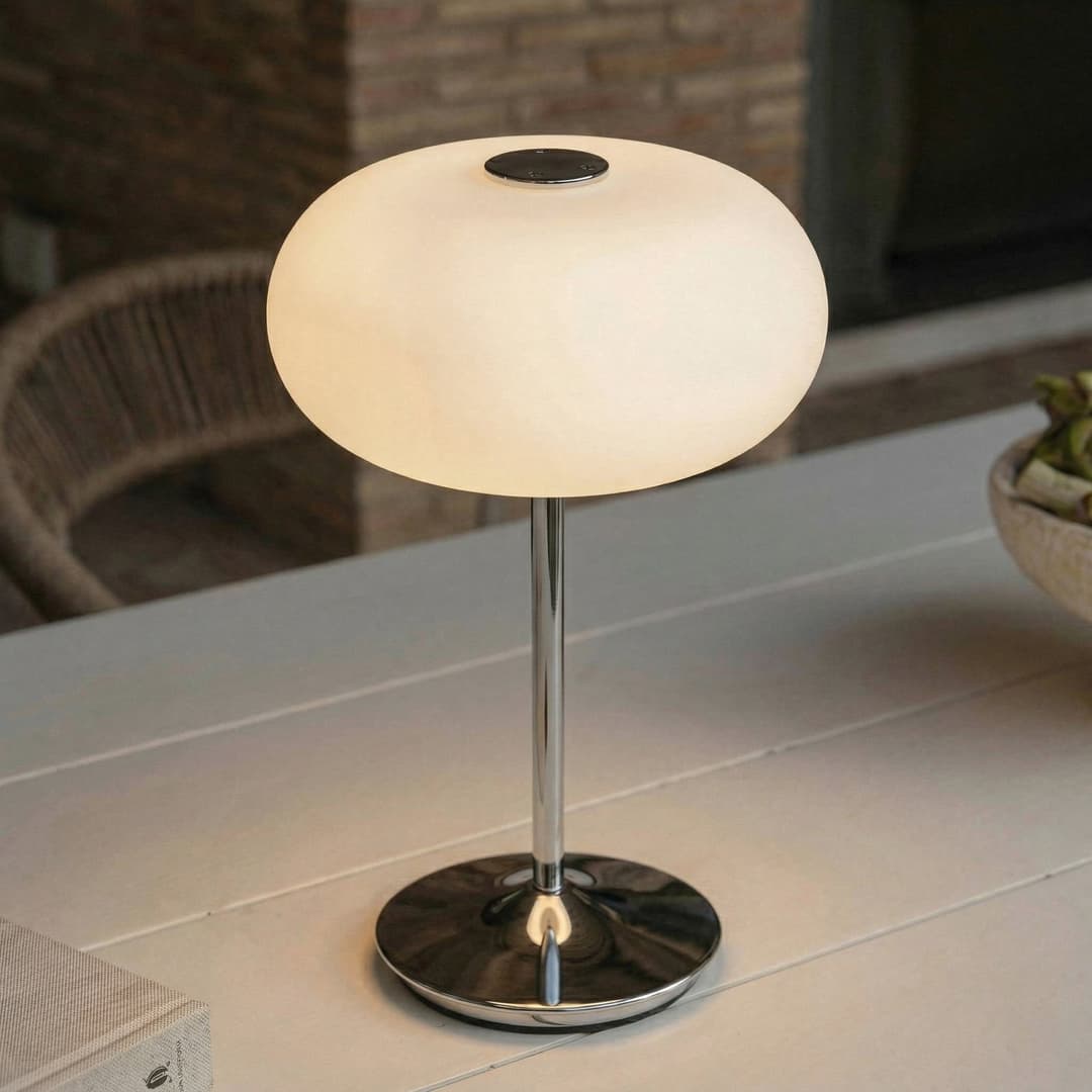 Anoria LED-Akkutischlampe, chrom/weiß, Glas, USB - Lucande - Wohnzimmer - Design - Einflammig