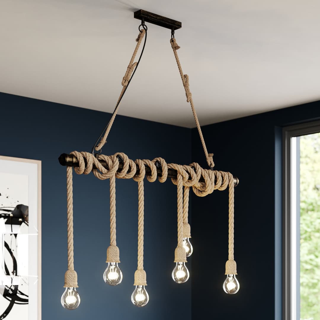 Lindby Pendellampe Hajo, 100 cm, sechsflammig, Tauseil - Wohnzimmer - Vintage - Metall - Mehrflammig