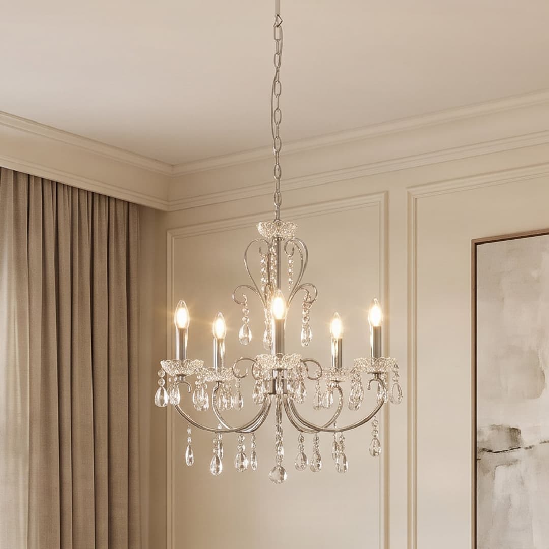 Solveig 5 Pendelleuchte Chrome/Clear - Lucande - Wohnzimmer - Antik - Kristall - Mehrflammig