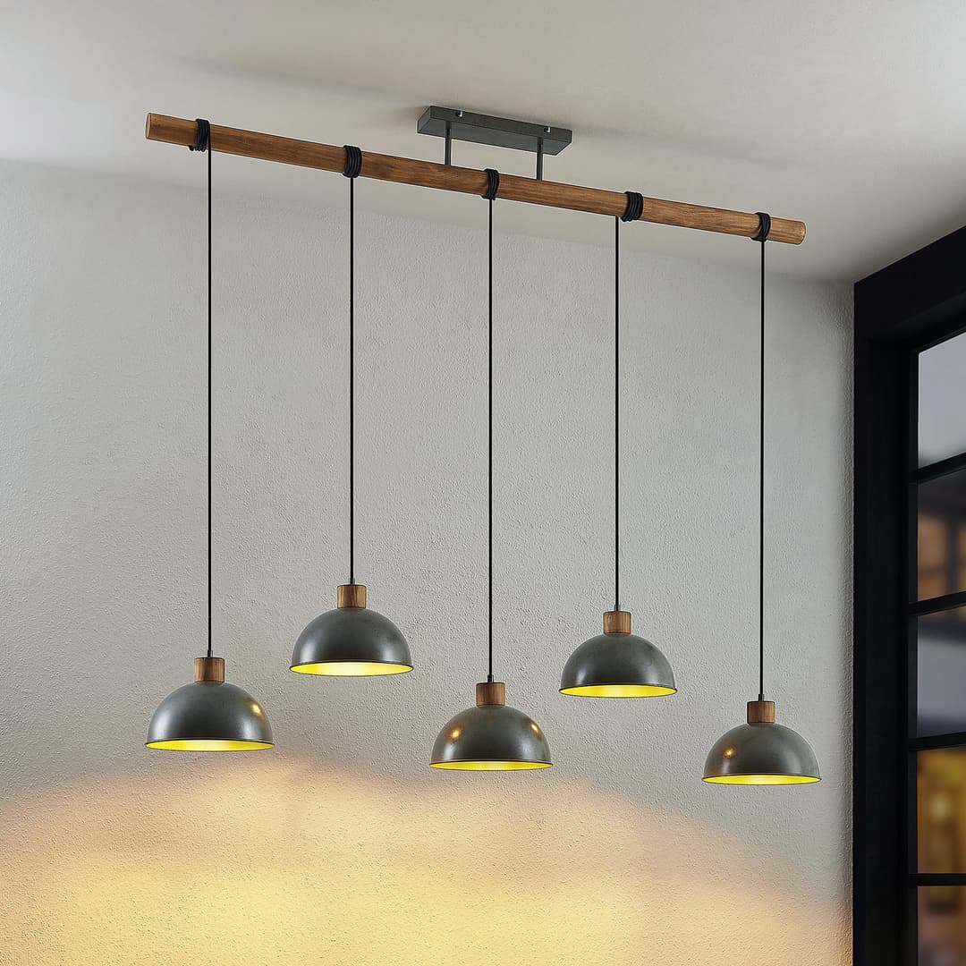Durbis Hängelampe , 149 cm, 5-flammig, gunmetal, Holz, E27 - Lindby - Küche - Vintage - Mehrflammig