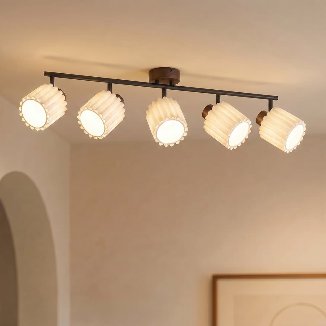 Shiloh Deckenstrahler, walnuss/beige, 5-flammig, Walnussholz - Lindby - Wohnzimmer - Modern - Stoff / Textil - Mehrflammig