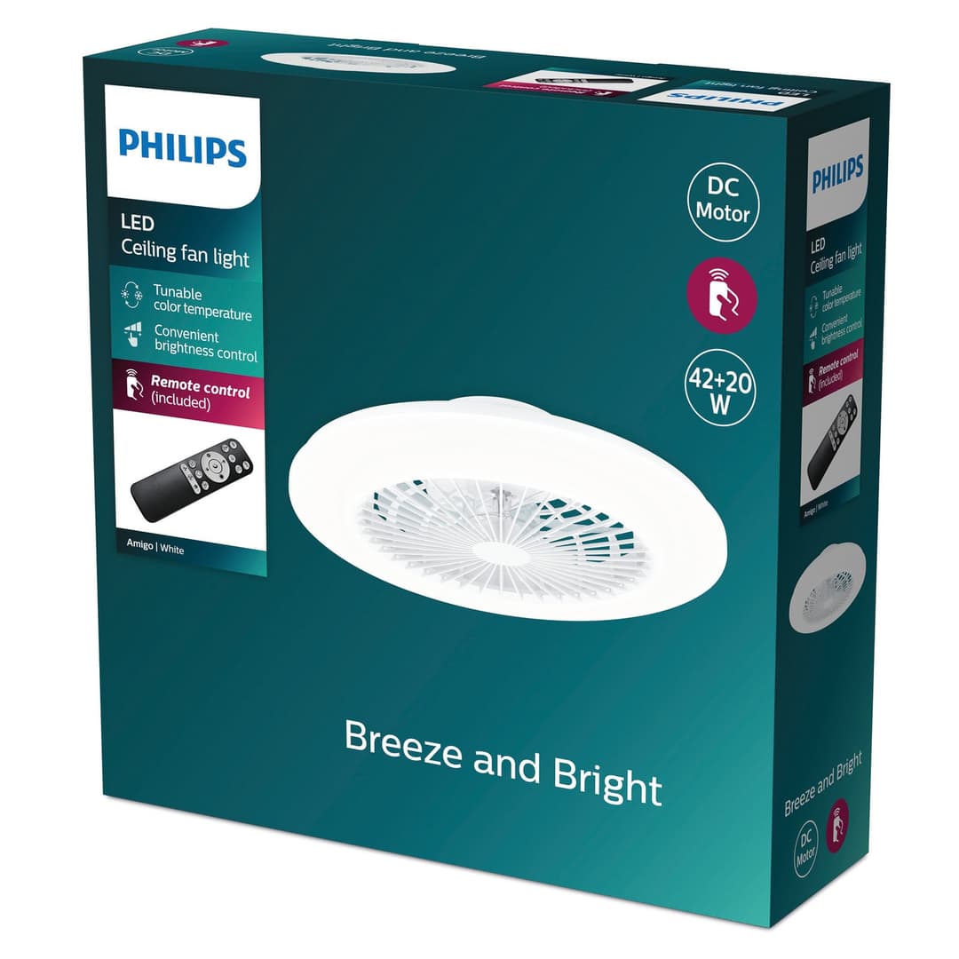 Amigo LED-Deckenventilator weiß glänzend 49 cm CCT - Philips - Wohnzimmer - Modern - Kunststoff - Bündig