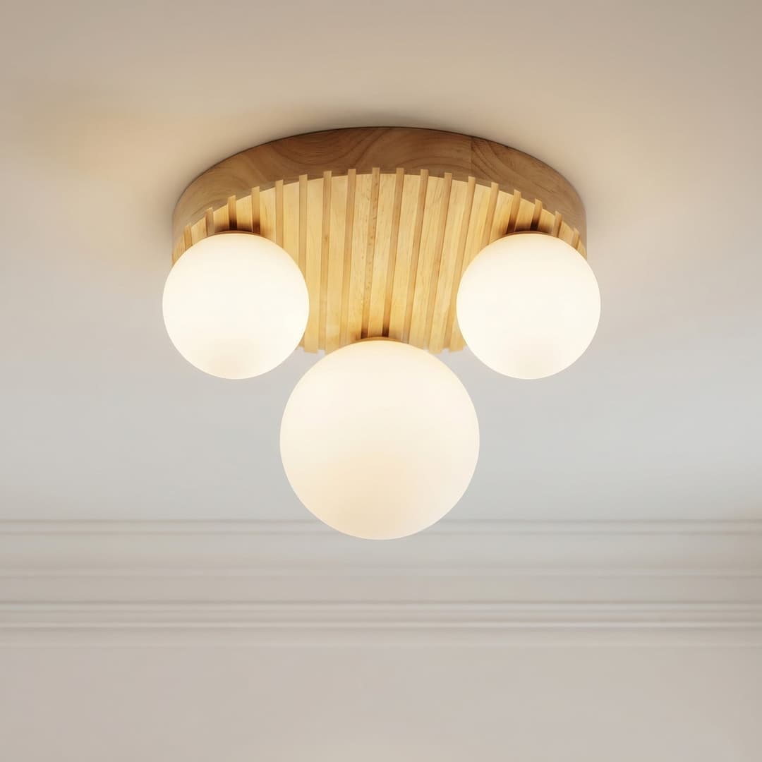 Mori Deckenleuchte, Holz, Glas, natur/weiß, 3 x G9, Ø 34 cm - Lindby - Wohnzimmer - Modern - Mehrflammig
