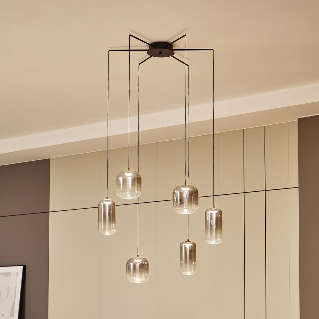 Avelina 6 LED Pendelleuchte Rauch Grau - Lucande - Wohnzimmer - Modern - Glas - Mehrflammig