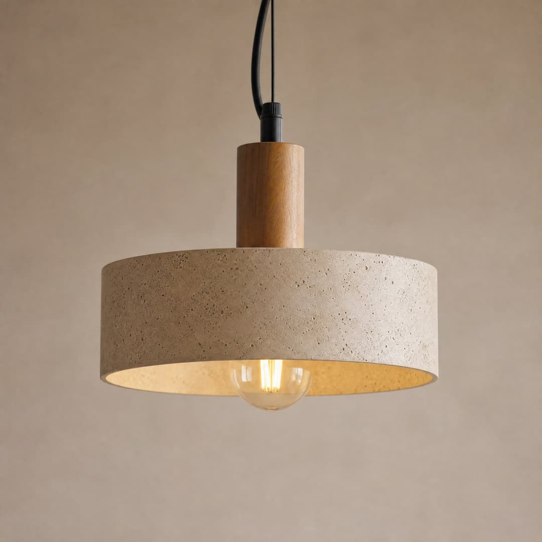Carlotta Hängeleuchte, 1-flg., beige/walnuss, Ø 27 cm, Holz/Beton - Lucande - Wohnzimmer - Modern - Einflammig