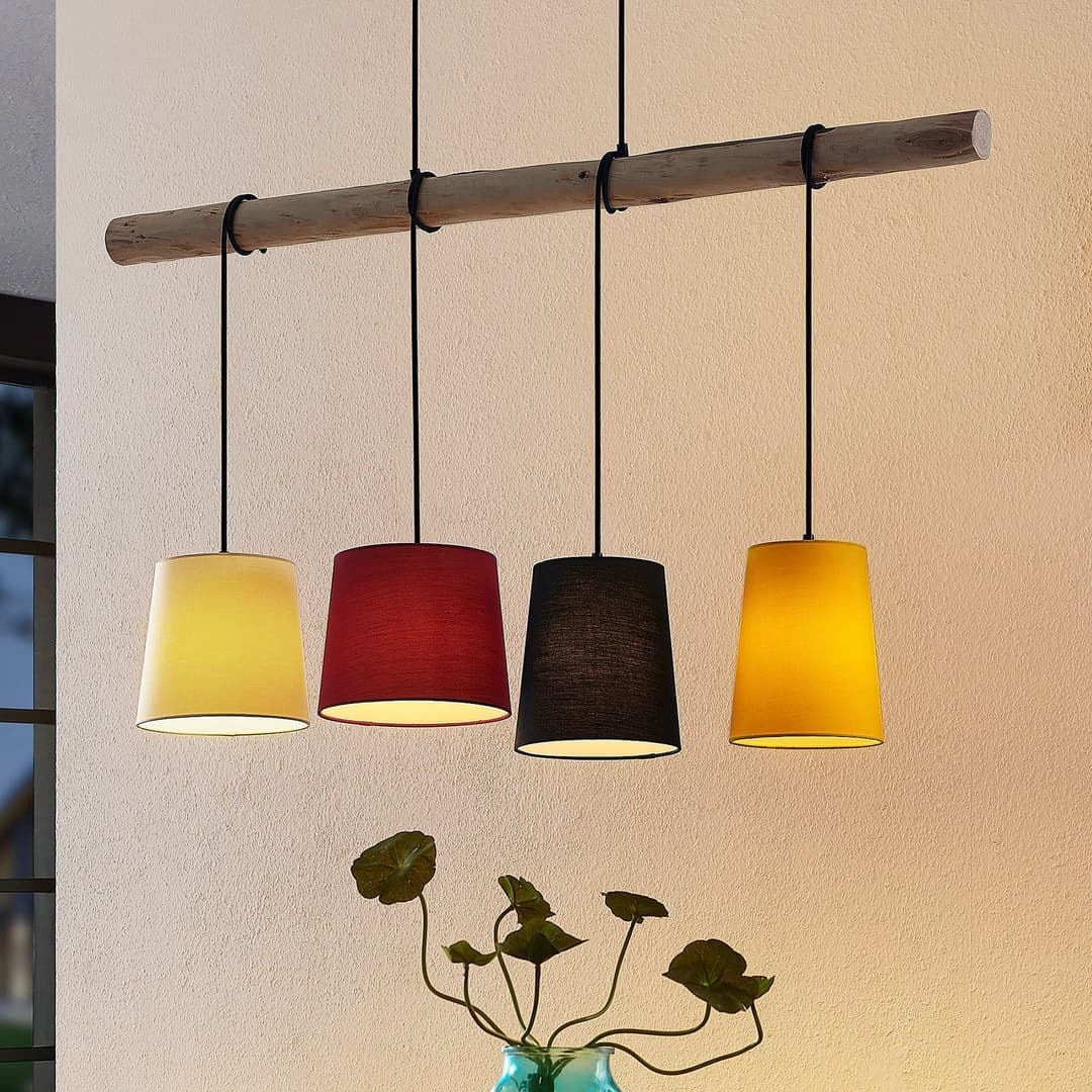 Hinai 4 Pendelleuchte Black/Red/Yellow - Lindby - Wohnzimmer - Skandinavisch - Stoff / Textil - Mehrflammig