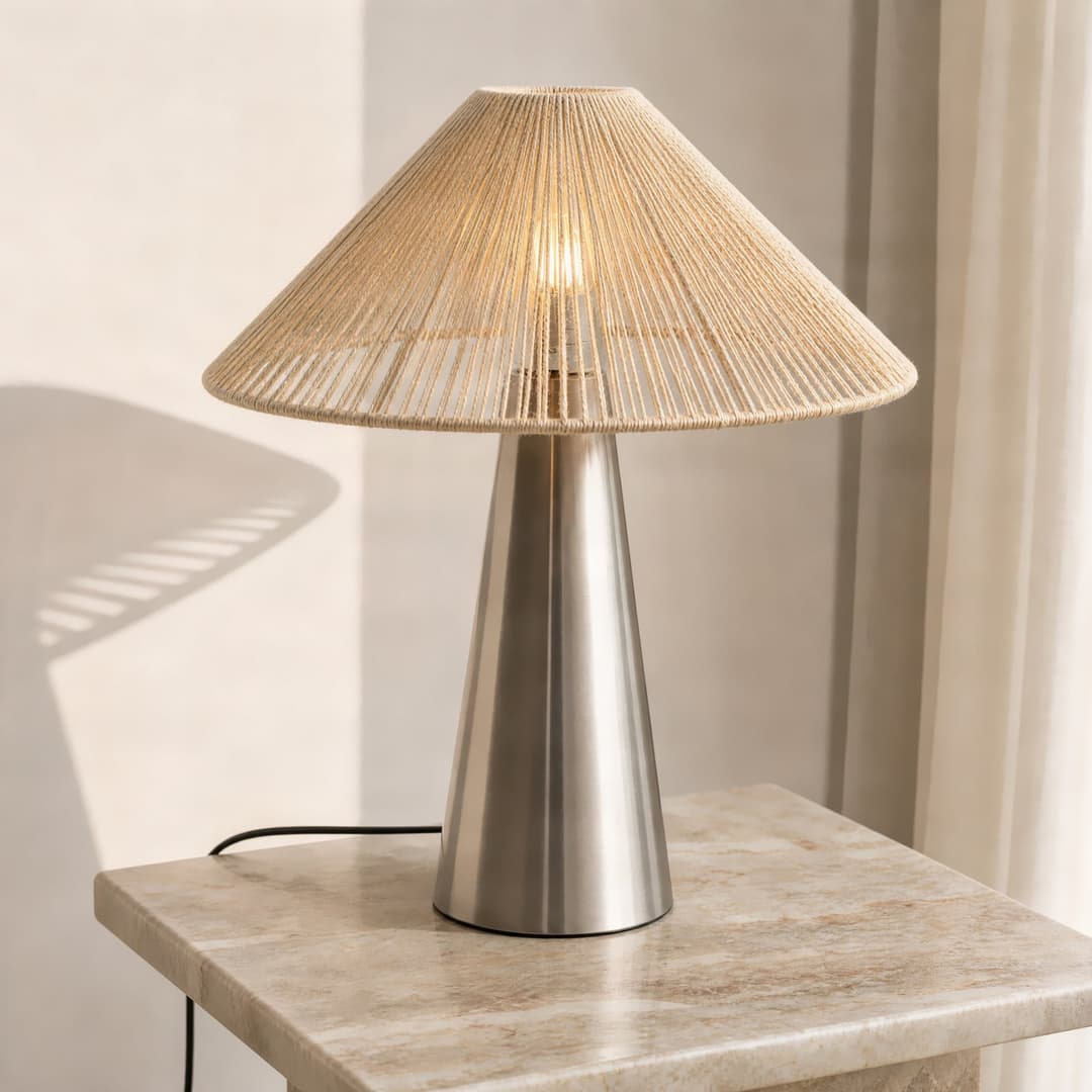 Stephane Tischleuchte, Hanfseil, nickel, Höhe 50 cm, Metall - Lucande - Wohnzimmer - Modern - Stoff / Textil - Einflammig