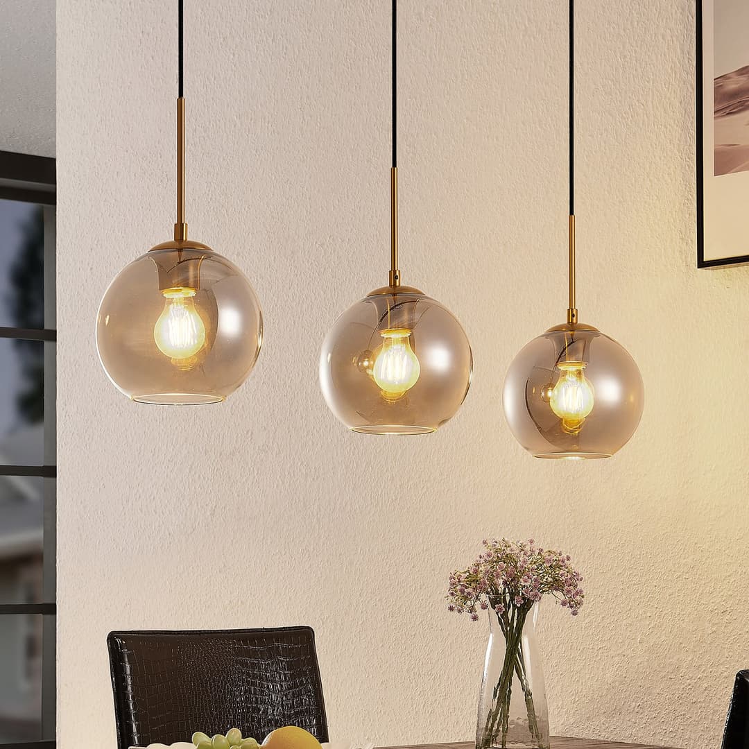 Hiwana 3 Pendelleuchte Smoke/Brass - Lindby - Wohnzimmer - Modern - Glas - Mehrflammig