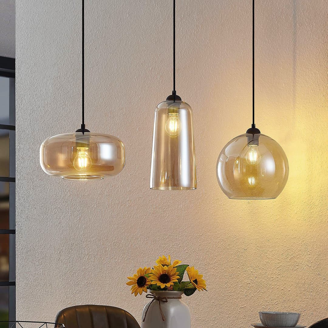Wilja 3 Pendelleuchte Amber - Lucande - Wohnzimmer - Vintage - Glas - Mehrflammig