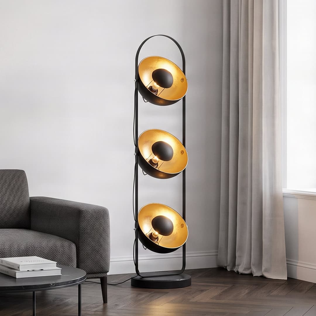 Lindby Stehleuchte Muriel, 3-flg., schwarz/gold, Metall - Wohnzimmer - Modern - Mehrflammig