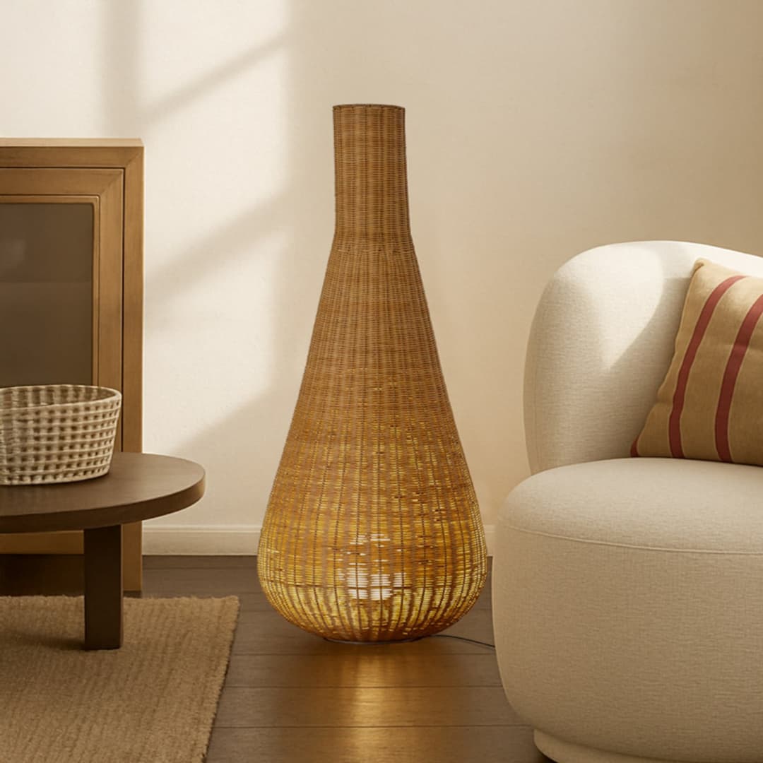Takeo Stehleuchte, rattan, Höhe 115 cm, E27 - Lucande - Wohnzimmer - Boho - Holz - Rund