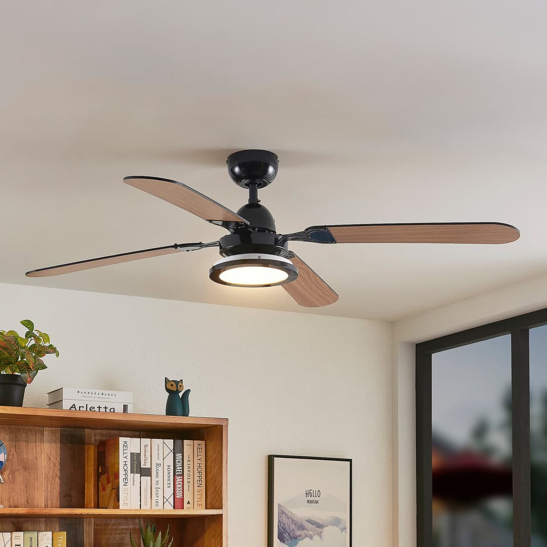 Tedric LED-Deckenventilator, schwarz, leise, 133 cm - Lucande - Wohnzimmer - Vintage - Metall