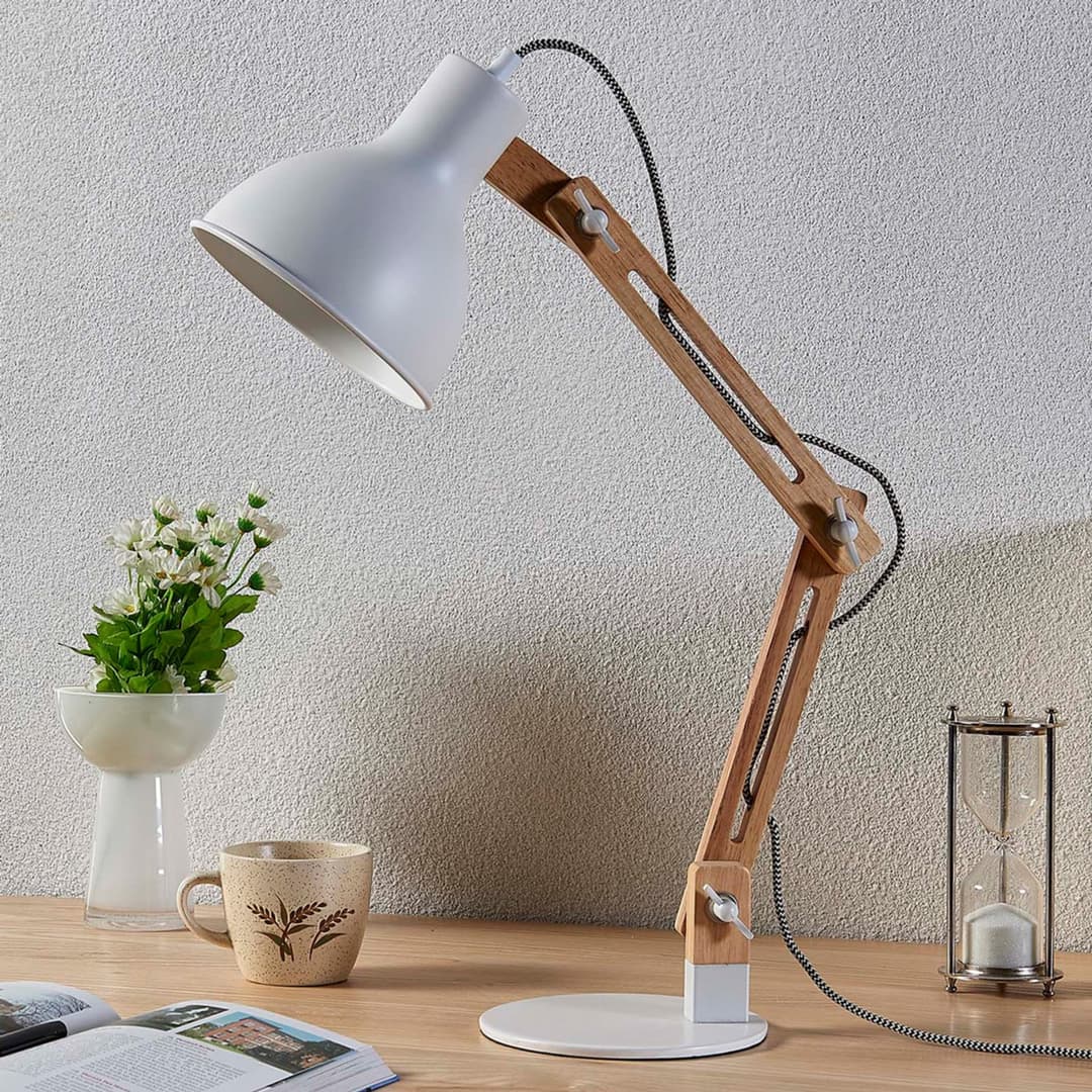 Shivanja Tischleuchte White/Ash - Lindby - Arbeitszimmer / Büro - Modern - Holz - Einflammig