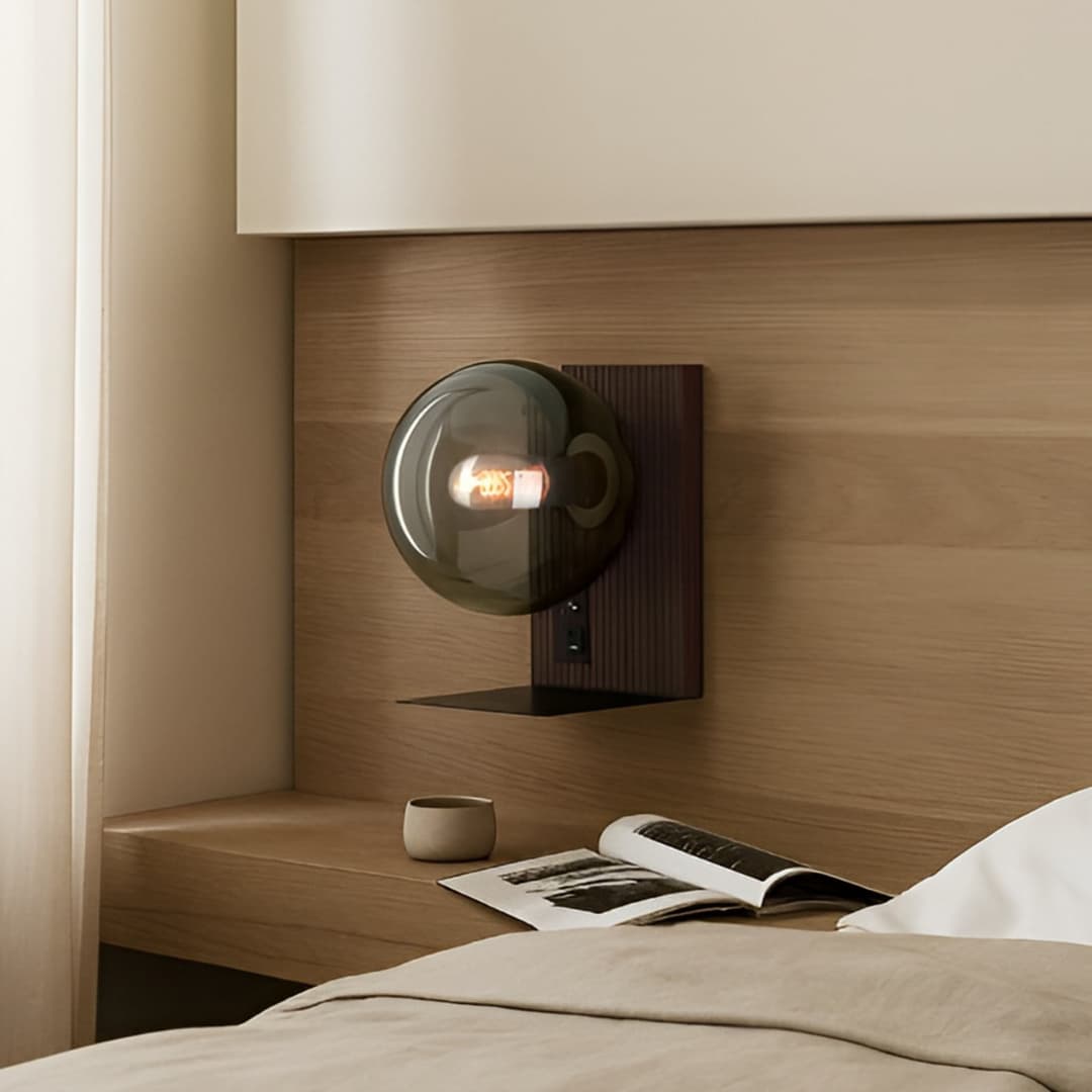 Veloura Wandleuchte, Höhe 30 cm, Glas, Holz, USB - Lucande - Wohnzimmer - Design - Einflammig
