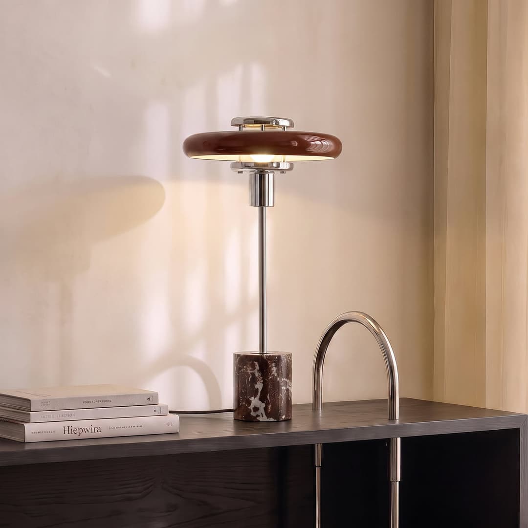 Branford Tischleuchte, burgund, Glas/Marmor, Retro- Lindby - Wohnzimmer - Vintage - Einflammig