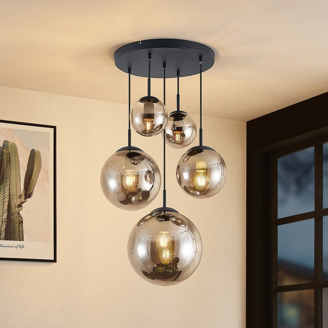 Teeja 5 Cluster Pendelleuchte Smoke - Lindby - Wohnzimmer - Vintage - Glas - Mehrflammig