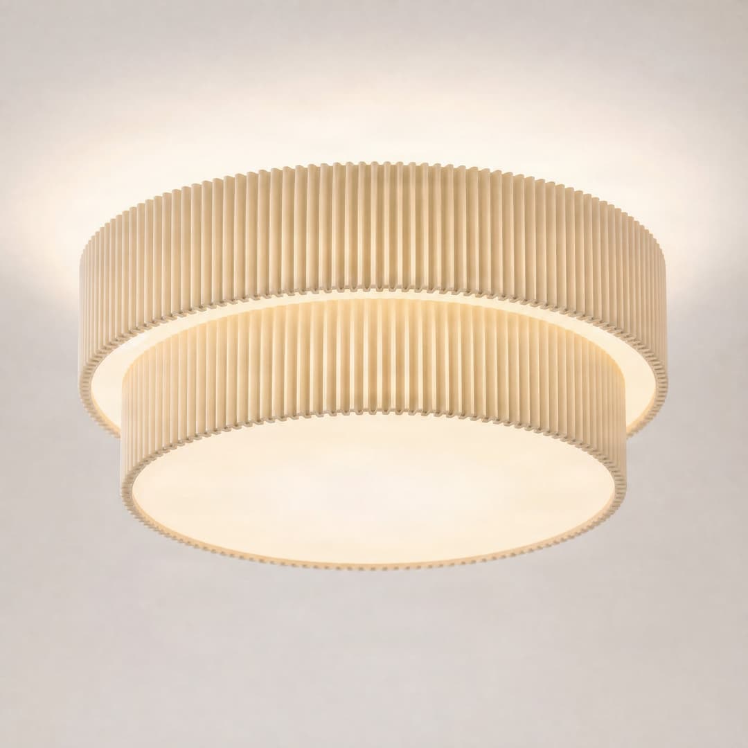 Tazia Deckenleuchte, Ø 50 cm, natur/weiß, Leinen - Lindby - Wohnzimmer - Stoff / Textil - Rund