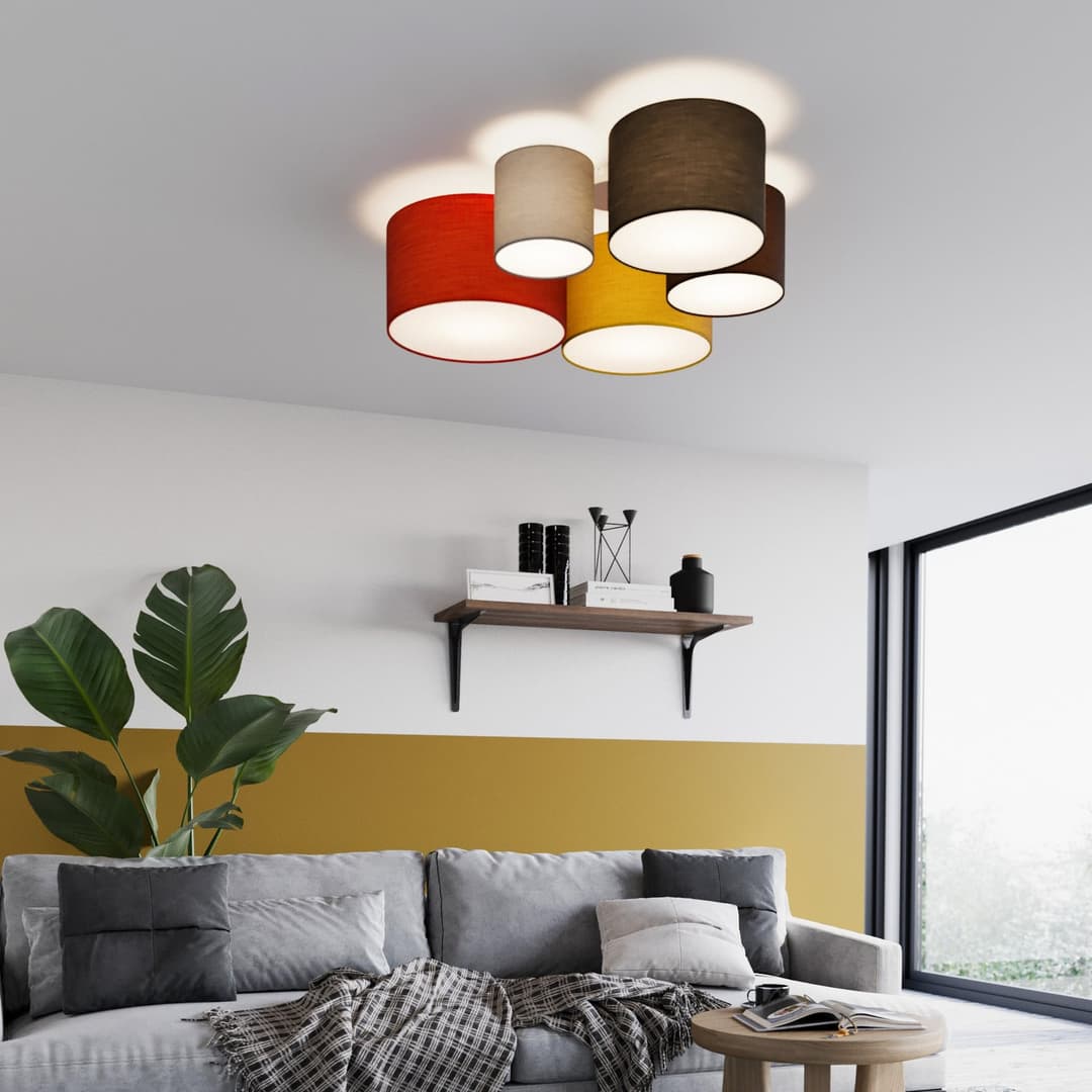 Laurenz 5 Deckenleuchte Red/Yellow - Lindby - Wohnzimmer - Modern - Stoff / Textil - Mehrflammig