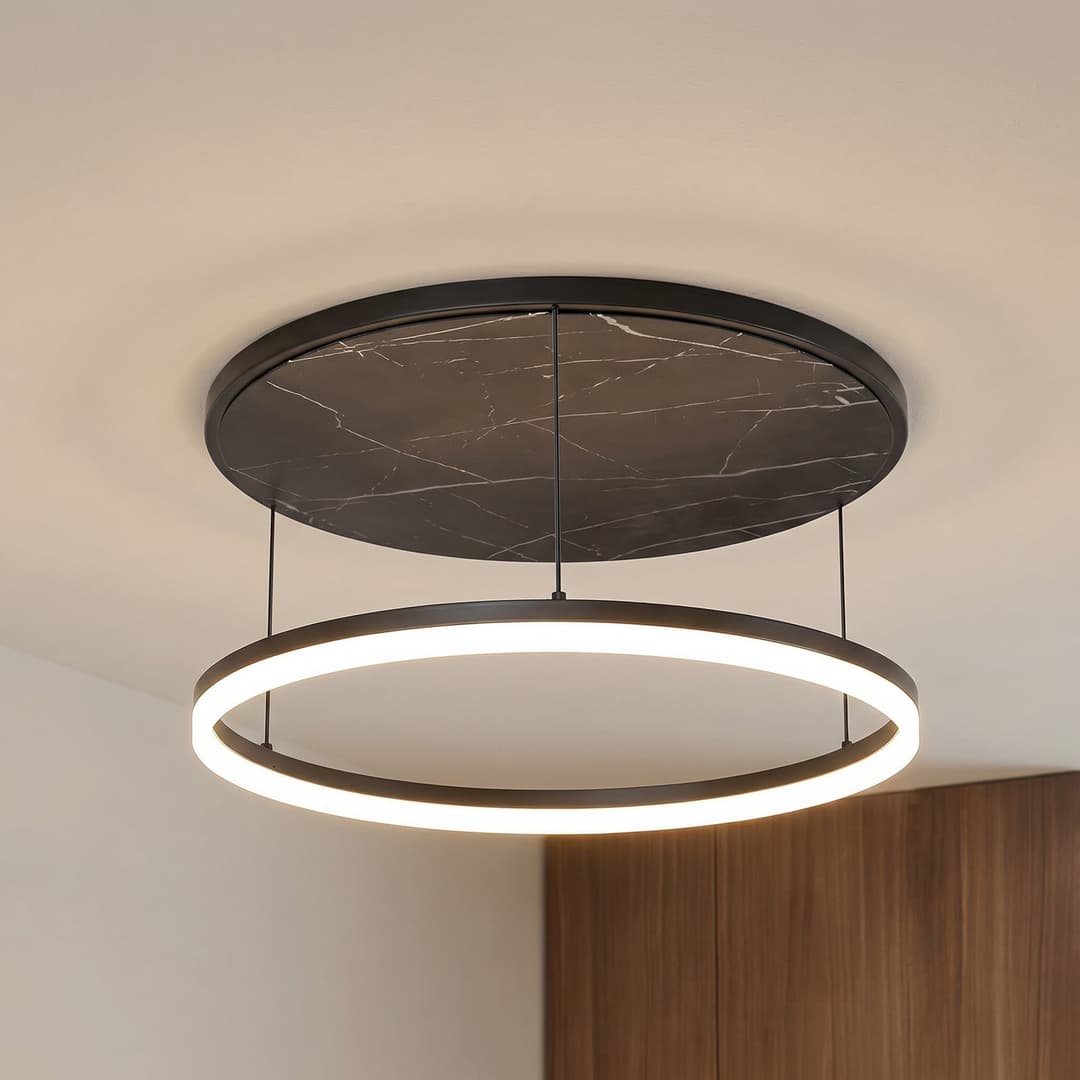 Orven LED-Deckenlampe, schwarz/Marmor, Ø 50 cm - Lucande - Wohnzimmer - Modern - Metall - Einflammig
