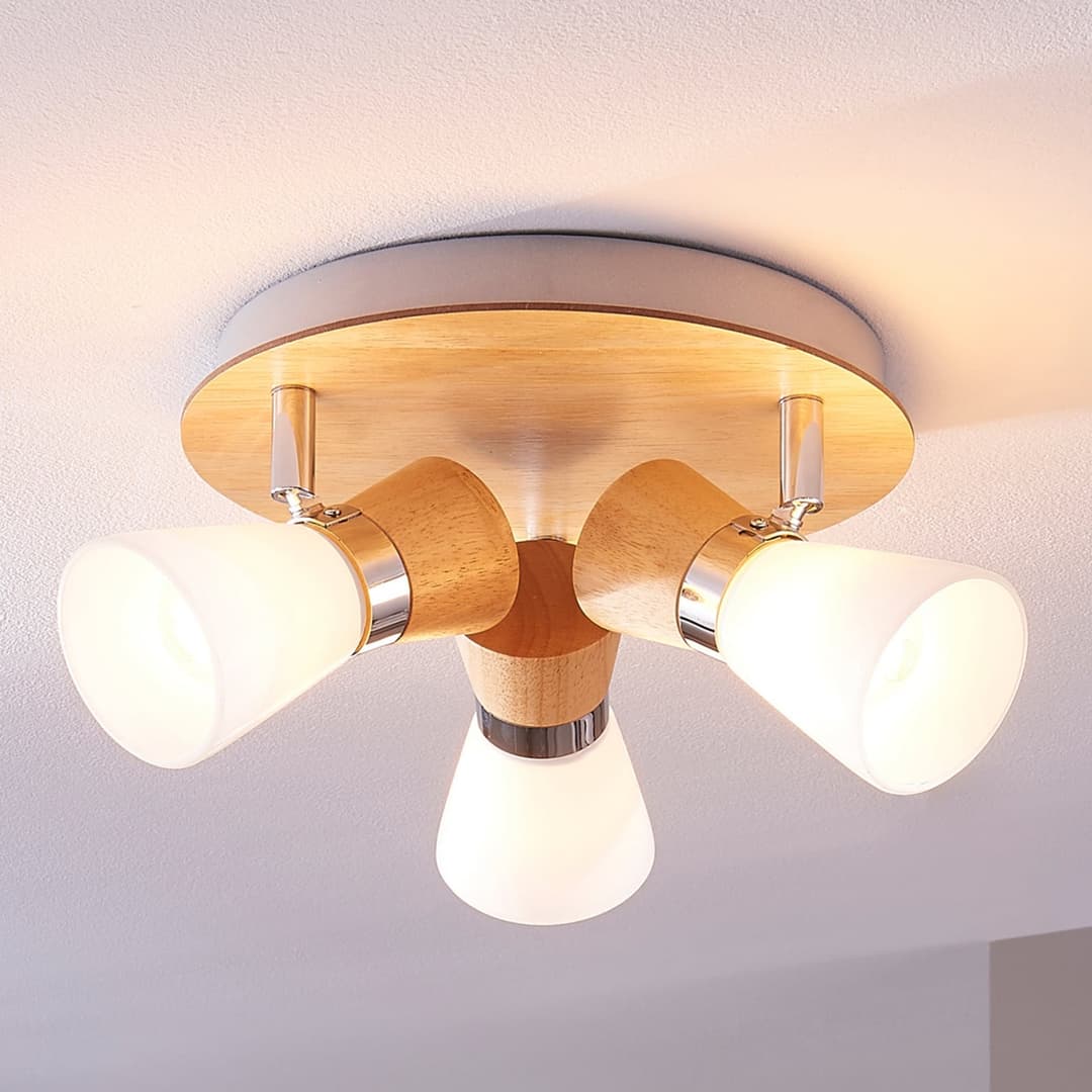 Vivica Deckenleuchte, Holz/chrom, 3-flammig, Ø 26 cm - Lindby - Wohnzimmer - Skandinavisch - Rund