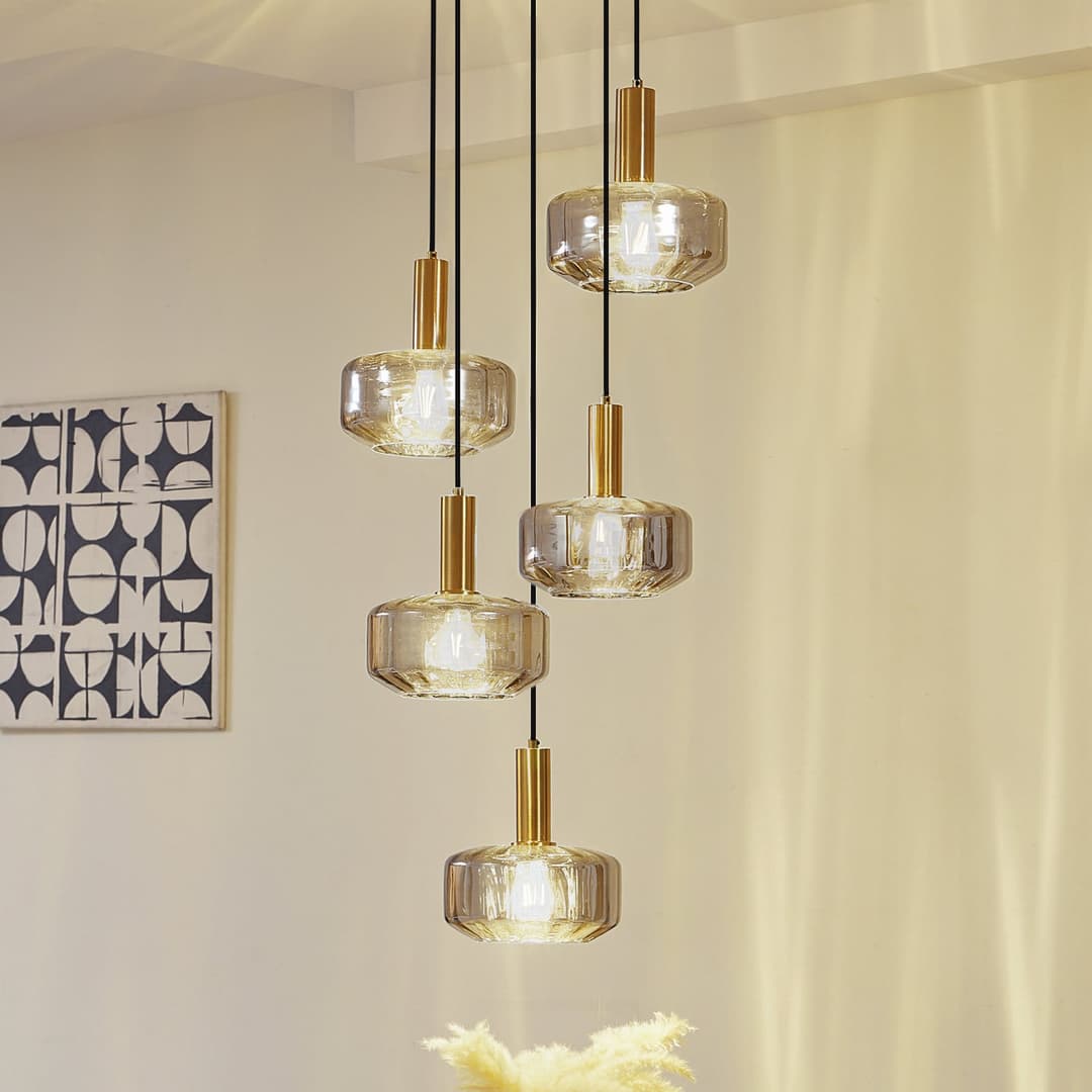 Hildur 5 Cluster Pendelleuchte Rauch Grau/Messing - Lindby - Esszimmer - Glas - Mehrflammig