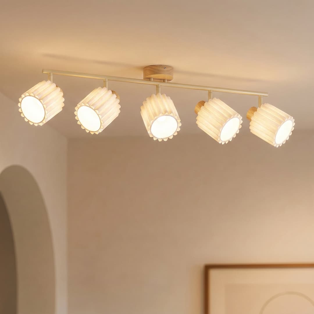 Shiloh Deckenstrahler, natur/beige, 5-flammig, Gummiholz - Lindby - Wohnzimmer - Modern - Stoff / Textil - Mehrflammig