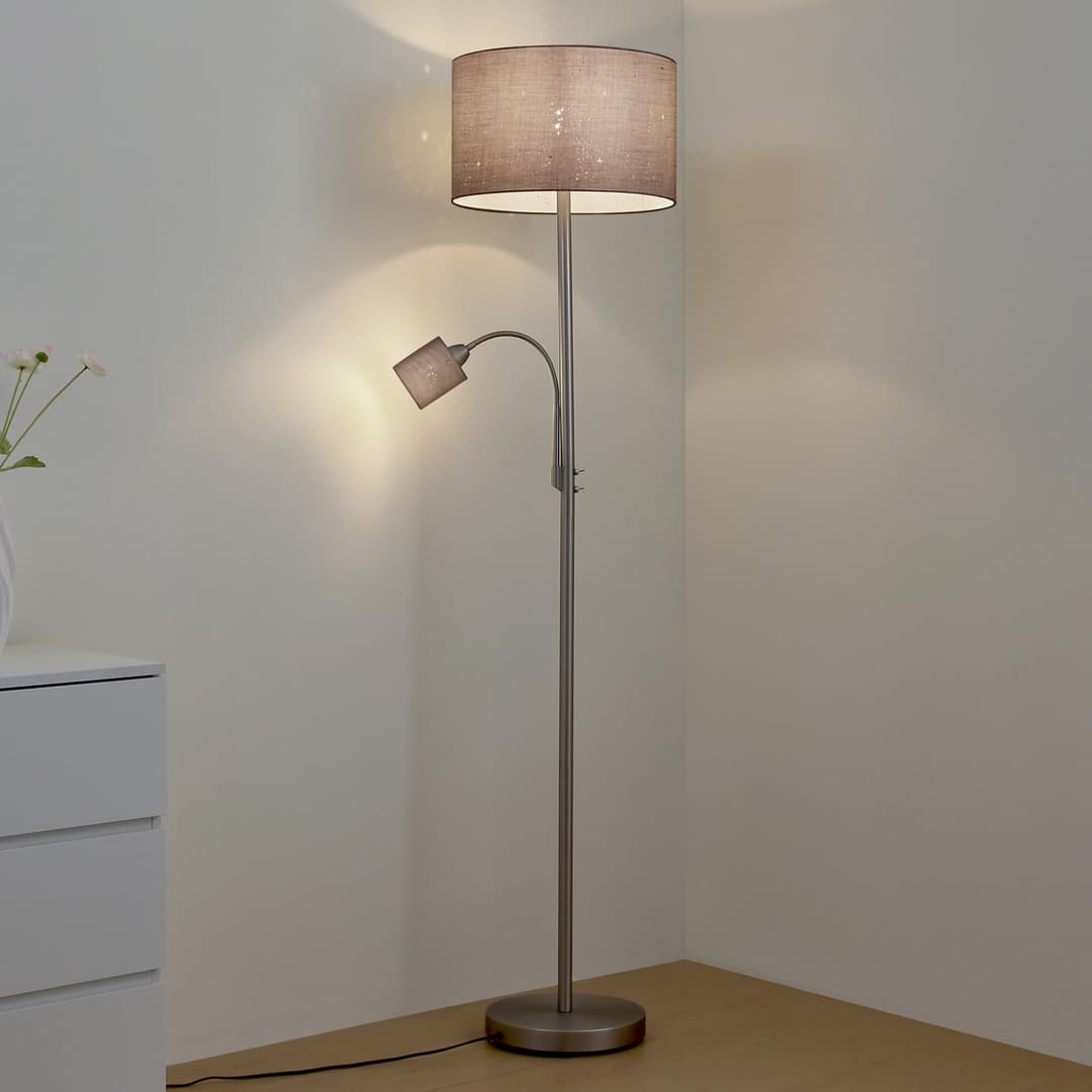 Jaileen Stehleuchte 171 cm, grau, Leselicht, Textil - Lindby - Wohnzimmer - Modern - Stoff / Textil - Mehrflammig