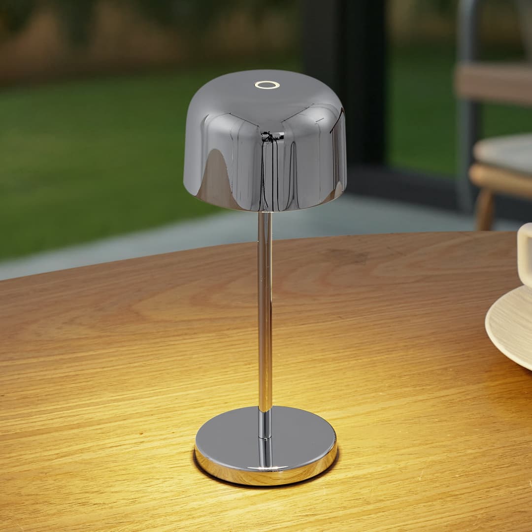 Quill LED-Akku-Tischleuchte, CCT, chrom, dimmbar - Lucande - Terrasse - Modern - Aluminium - Mit Schirm