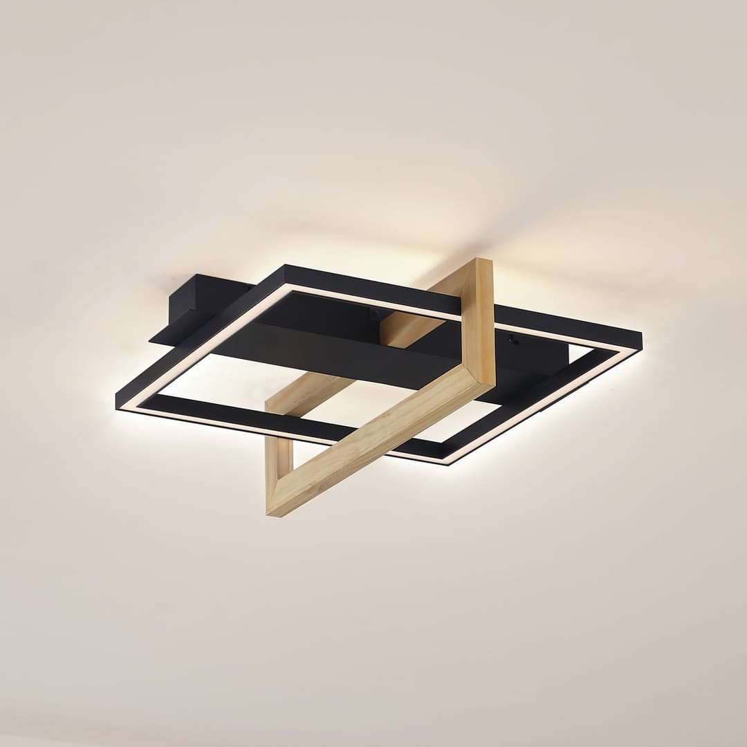 Lindby LED-Deckenleuchte Holamu, 46cm, schwarz, Holz, Metall - Wohnzimmer - Modern - Aluminium - Eckig