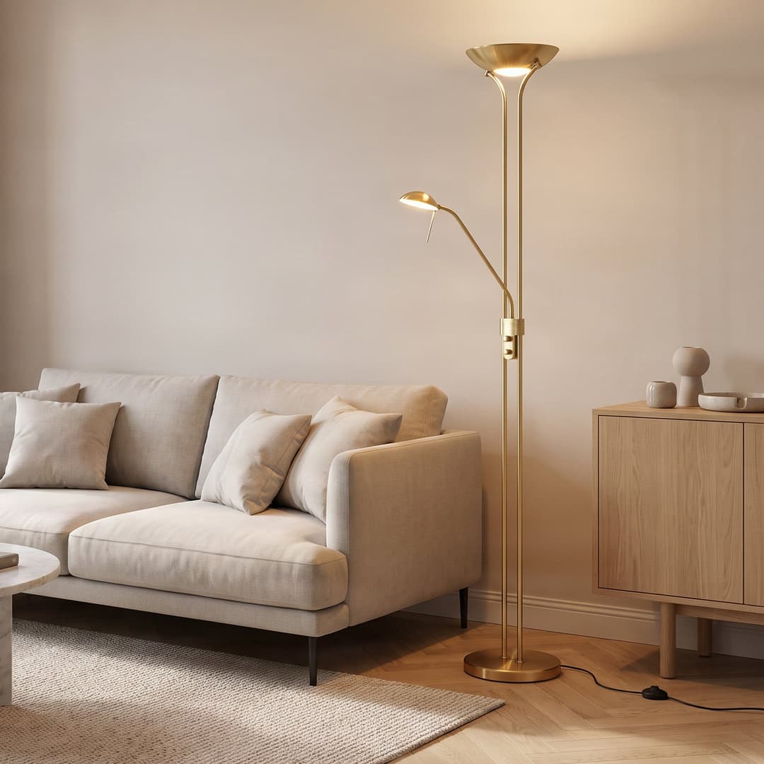 Josefin LED Stehleuchte Brass - Lindby - Wohnzimmer - Modern - Metall - Mit Schirm