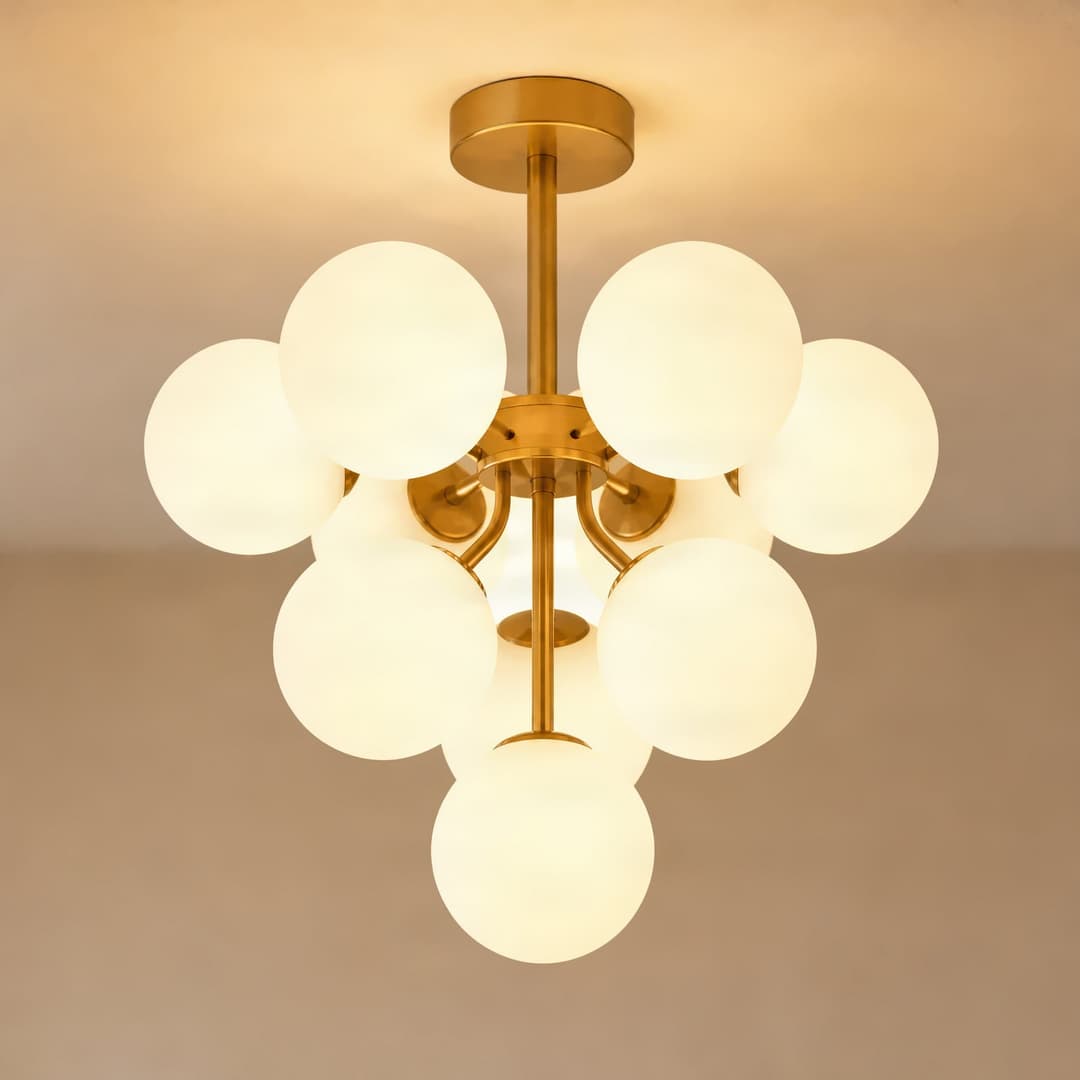 Peyton Deckenleuchte, 10-flammig, gold/weiß, Glas - Lucande - Wohnzimmer - Design - Mehrflammig
