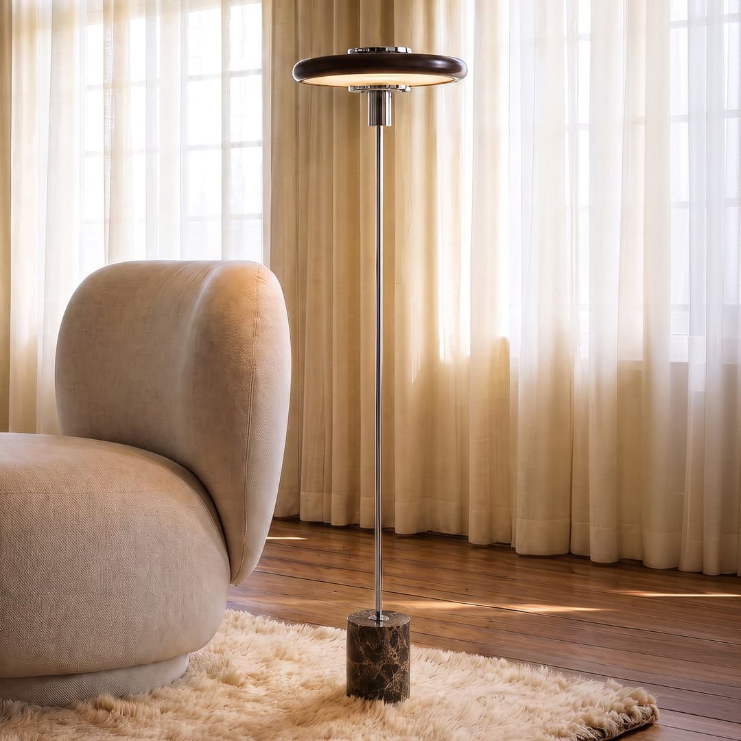 Branford Stehleuchte, braun, Metall/Marmor, Retro- Lindby - Wohnzimmer - Vintage - Einflammig
