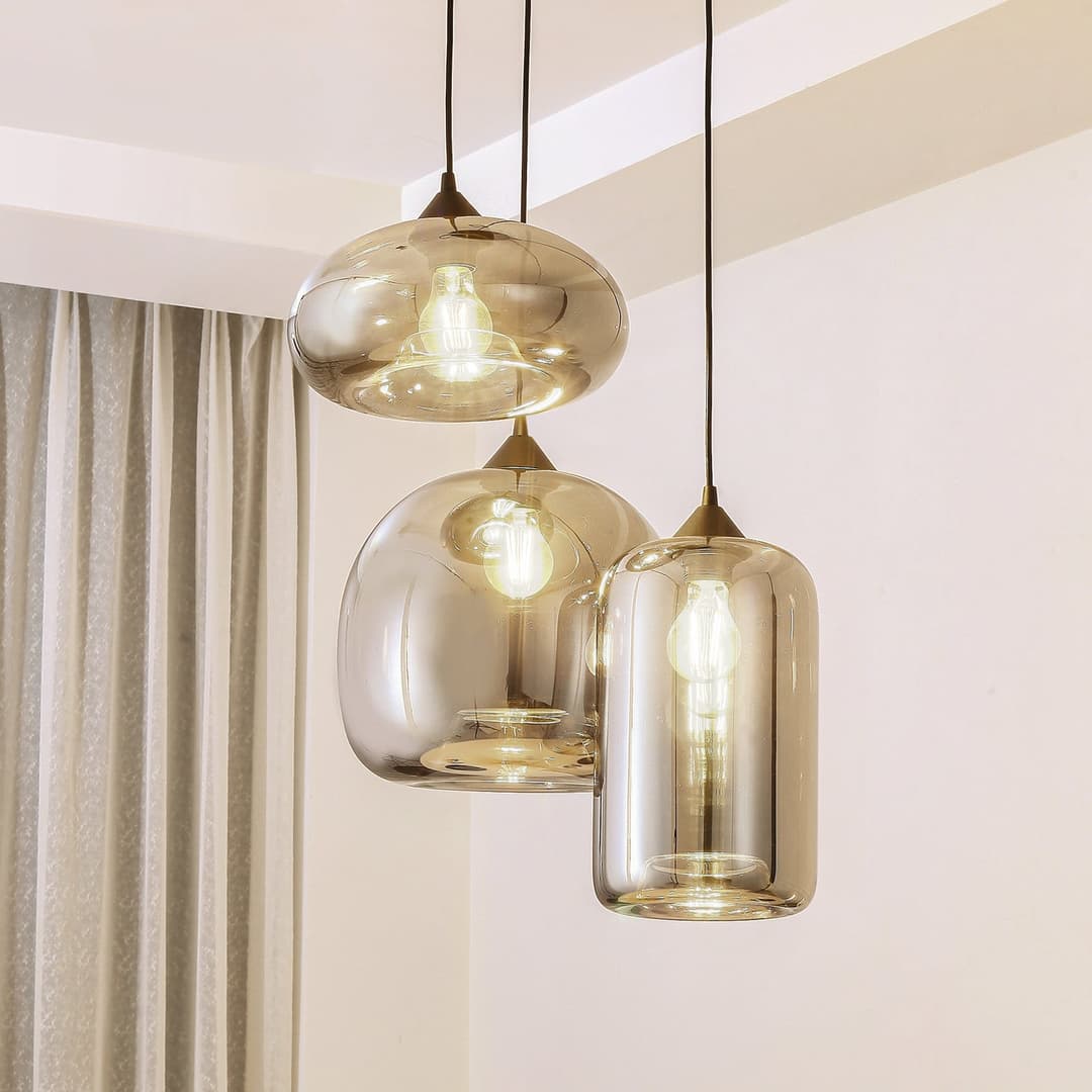 Marla Hängeleuchte, rauchgrau, 50 cm, Rondell, Glas - Lindby - Wohnzimmer - Modern - Mehrflammig
