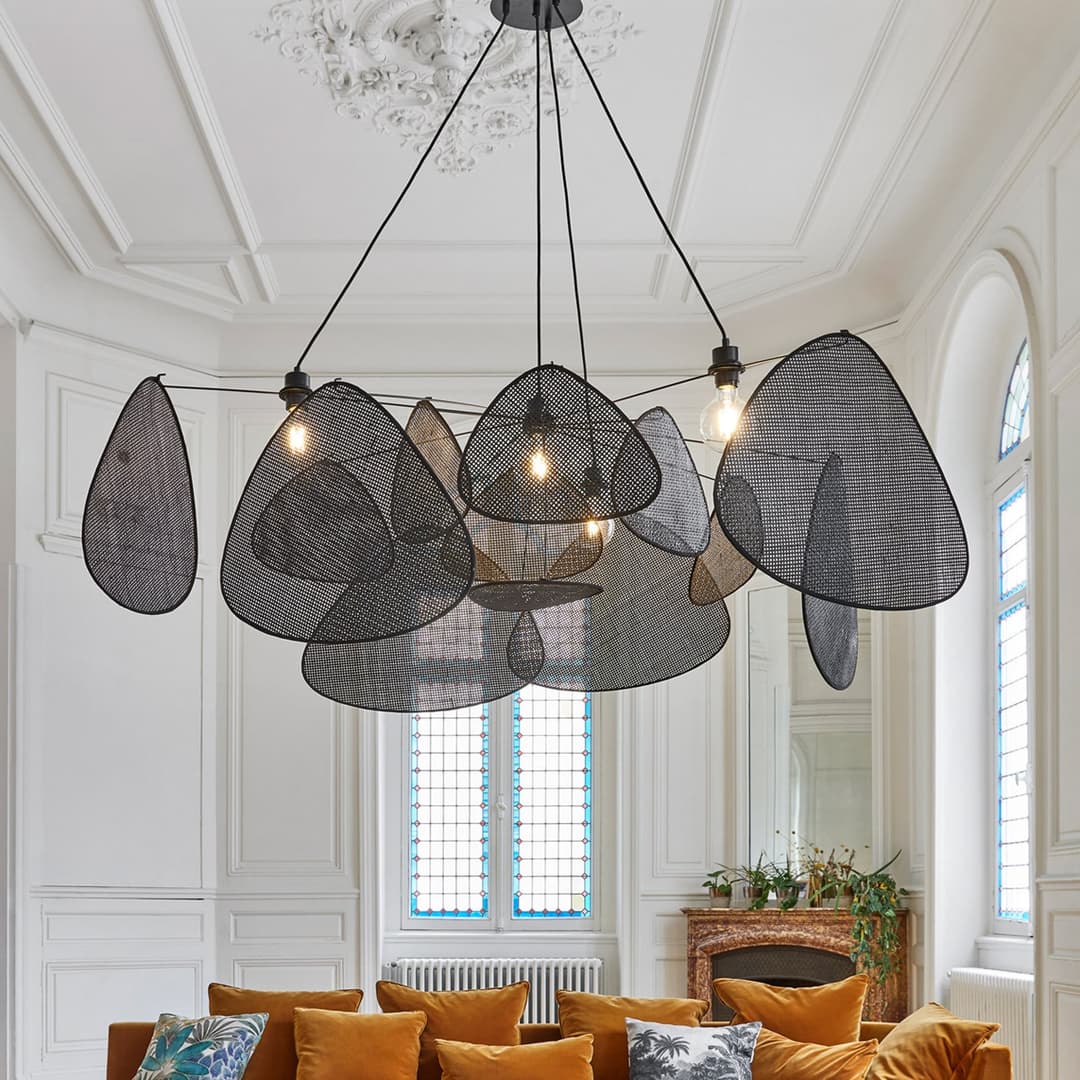 Hängelampe Screen XXL, 90 cm, schwarz, Rattan - MARKET SET - Wohnzimmer - Design - Holz - Mehrflammig