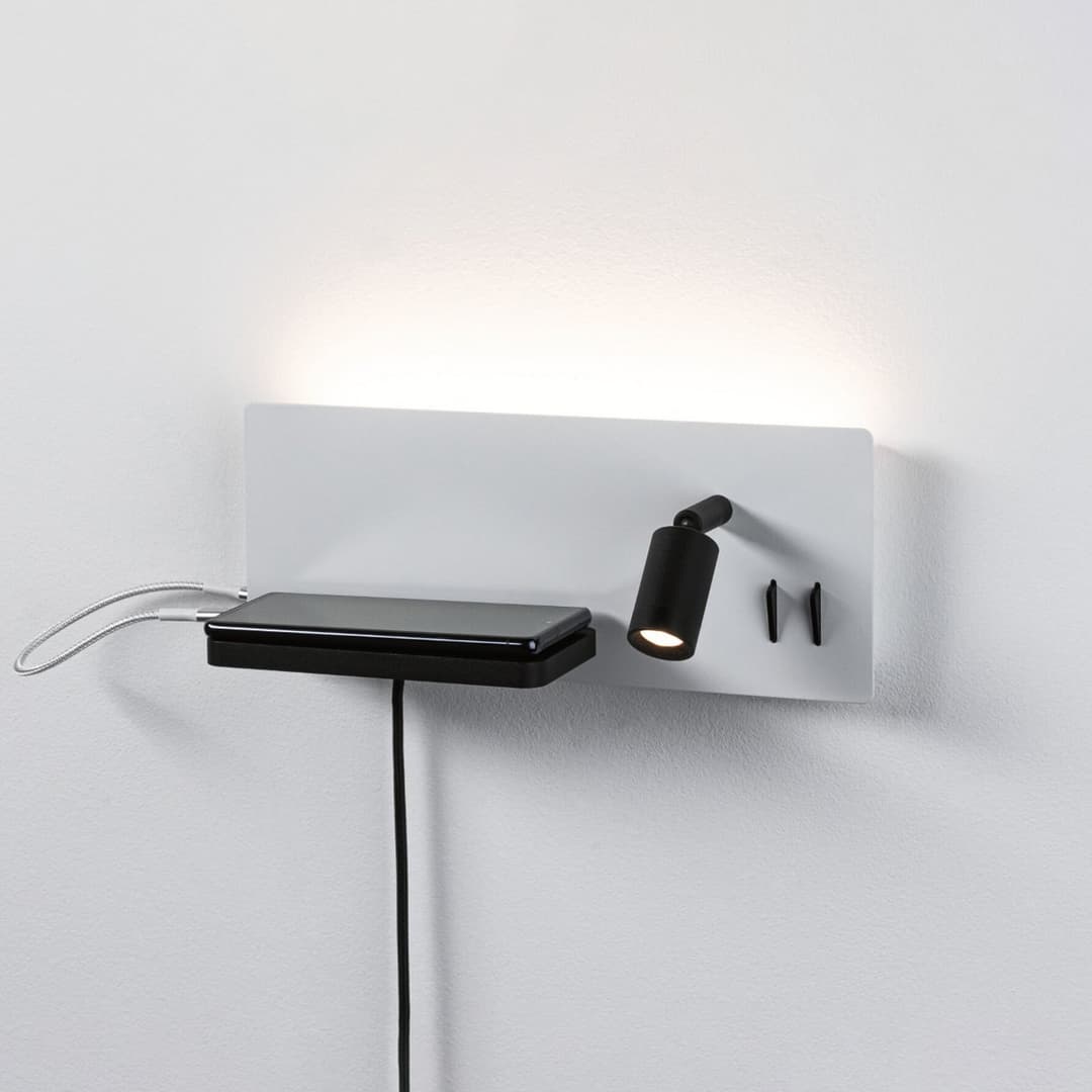 LED-Wandlampe Serra, links, USB-C, weiß/schwarz - Paulmann - Schlafzimmer - Modern - Messing - Eckig