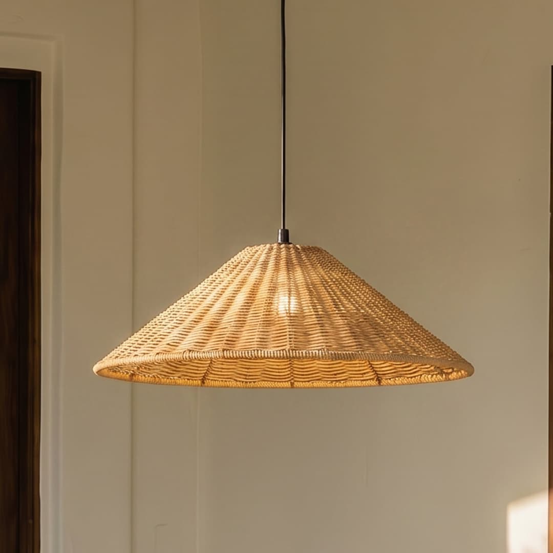 Taniola Außenhängelampe, Ø 60 cm, E27, konisch, Rattan, IP44 - Lucande - Terrasse - Landhaus / Rustikal - Holz - Einflammig