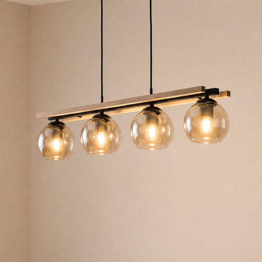 Enrique Pendelleuchte Amber/Black/Oak - Lindby - Wohnzimmer - Modern - Glas - Mehrflammig