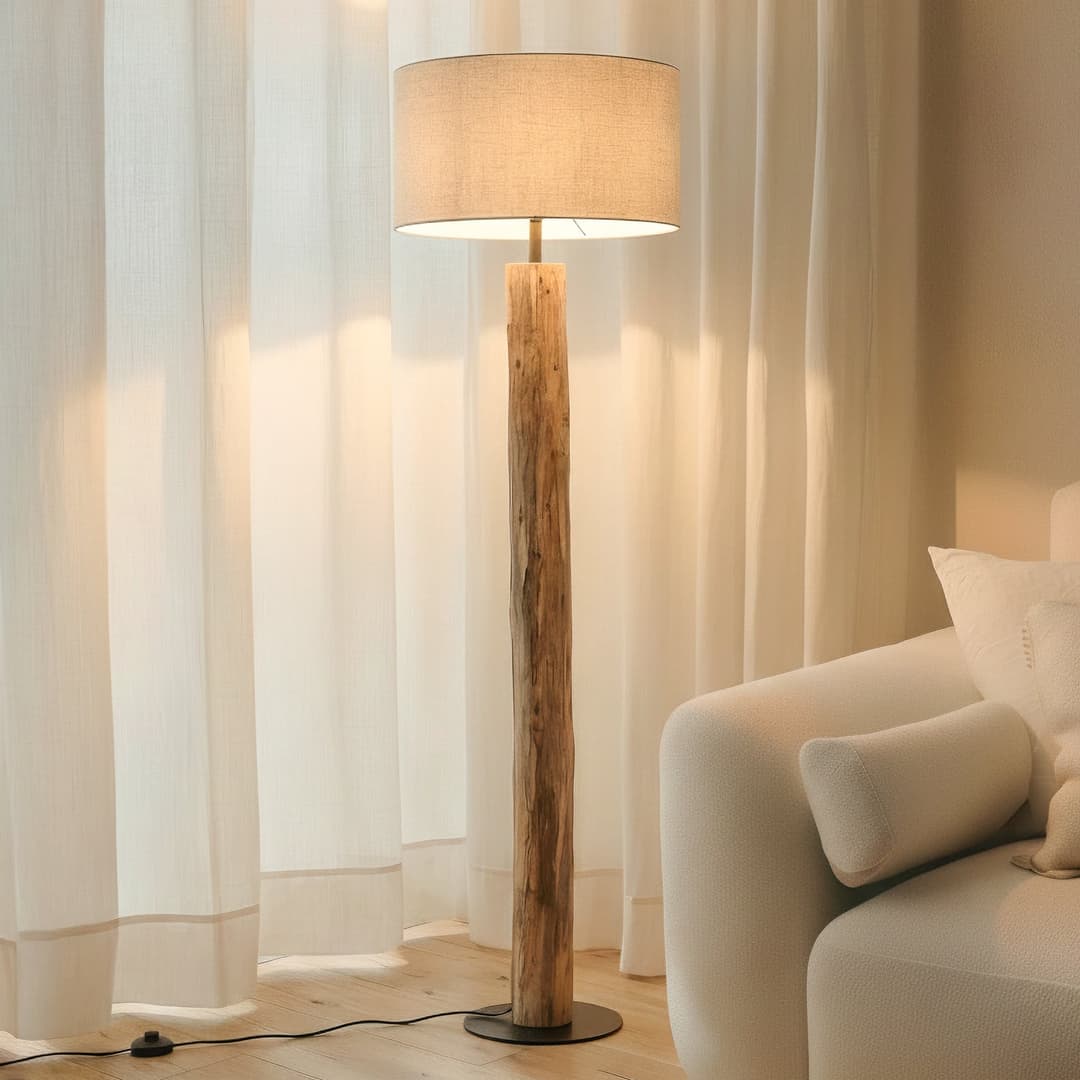 Jorvan Stehlampe, Eukalyptus, Leinen, cremefarben - Lucande - Wohnzimmer - Holz - Mit Schirm