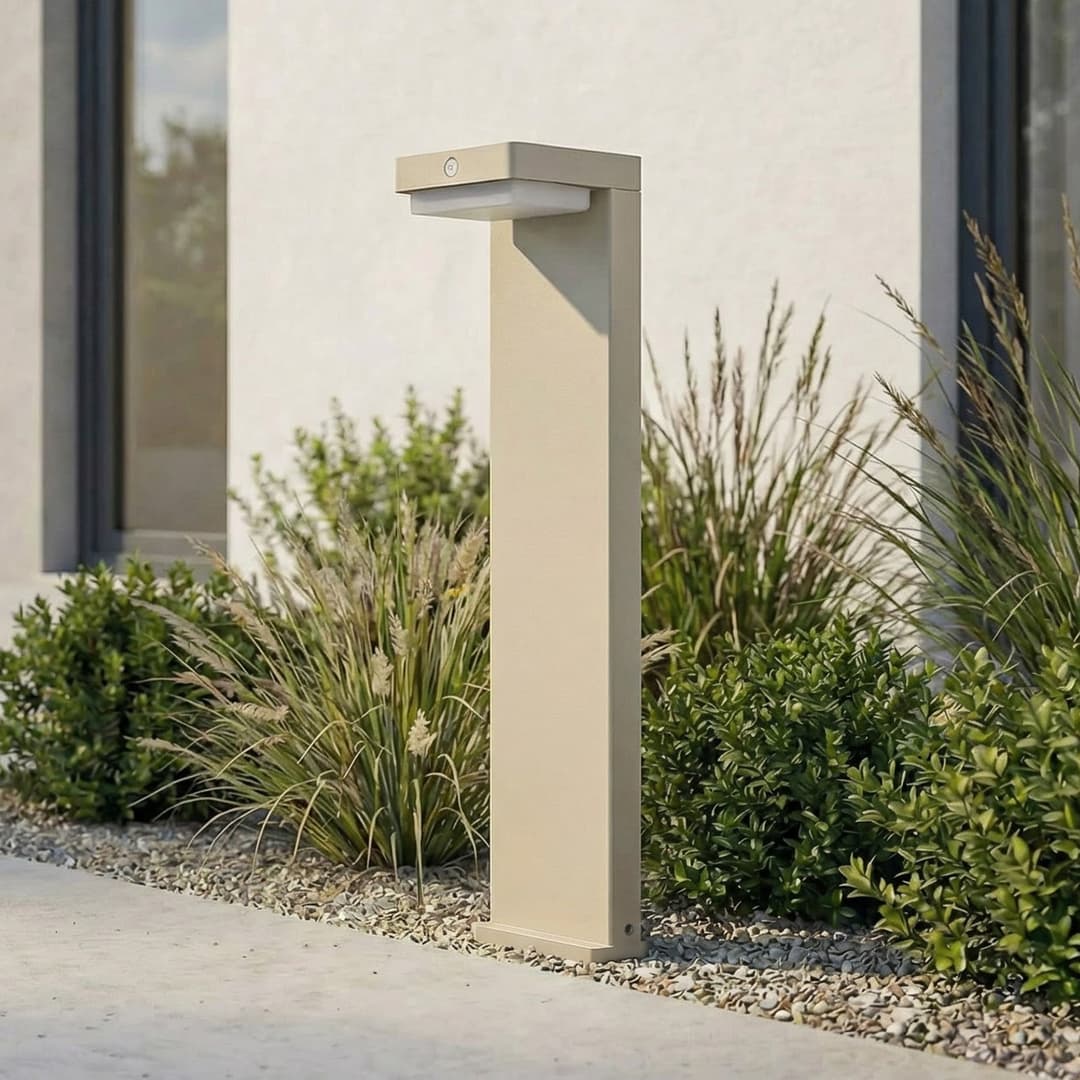 Eleazar LED-Solar-Sockelleuchte, beige, Alu, Sensor - Lindby - Terrasse - Aluminium