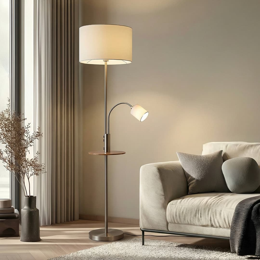 Aovan Stehleuchte w/USB Nickel - Lindby - Wohnzimmer - Modern - Metall - Mehrflammig