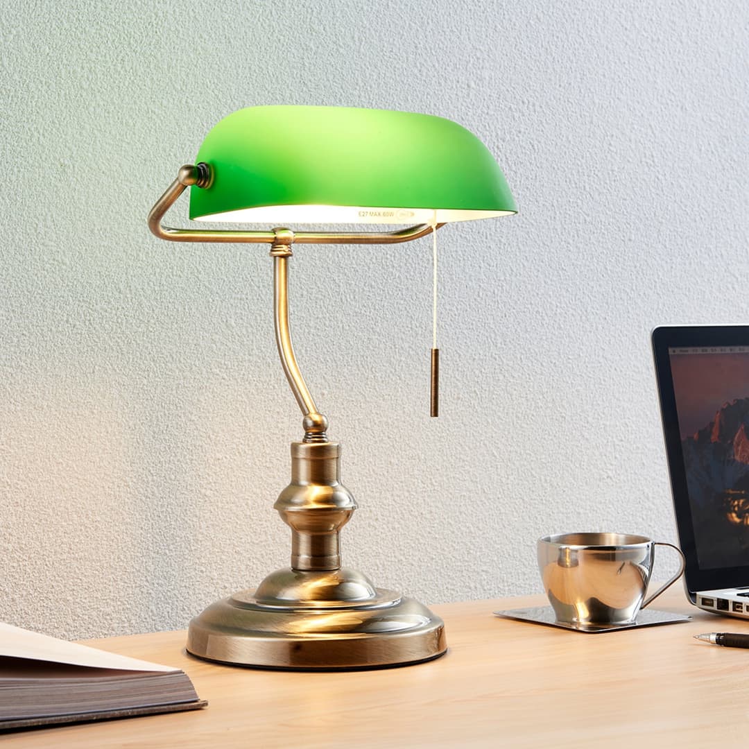 Milenka Tischleuchte Brass/Green - Lindby - Wohnzimmer - Antik - Metall - Mit Schirm