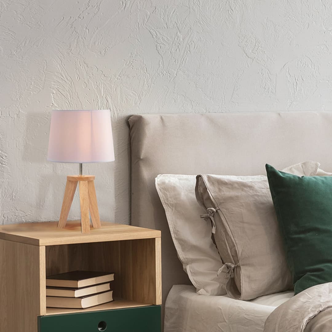 Yoga Tischleuchte weiß/holz hell Höhe 34 cm - Corep SAS - Wohnzimmer - Stoff / Textil - Mit Schirm