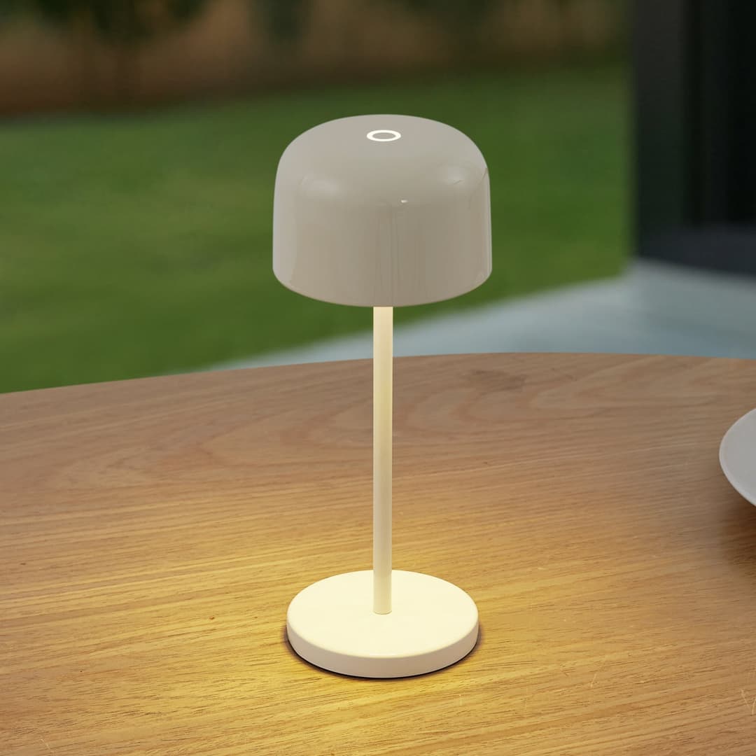 Quill LED-Akku-Tischleuchte, CCT, beige, dimmbar - Lucande - Terrasse - Modern - Aluminium - Mit Schirm